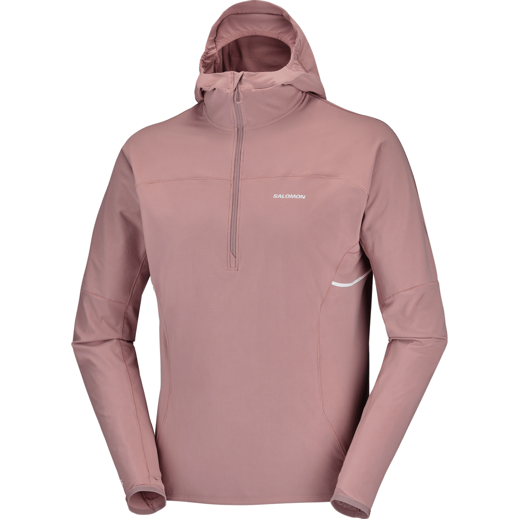 Salomon Sense Aero Hybrid HZ Hoodie heren, lichtgewicht hardloophoodie met halve rits, ademend materiaal en comfortabele pasvorm voor trailrunning.